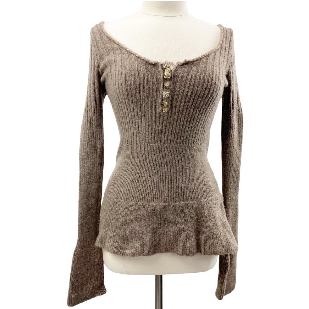 Free People Ribbed Scoop Neck Pullover in Taupe